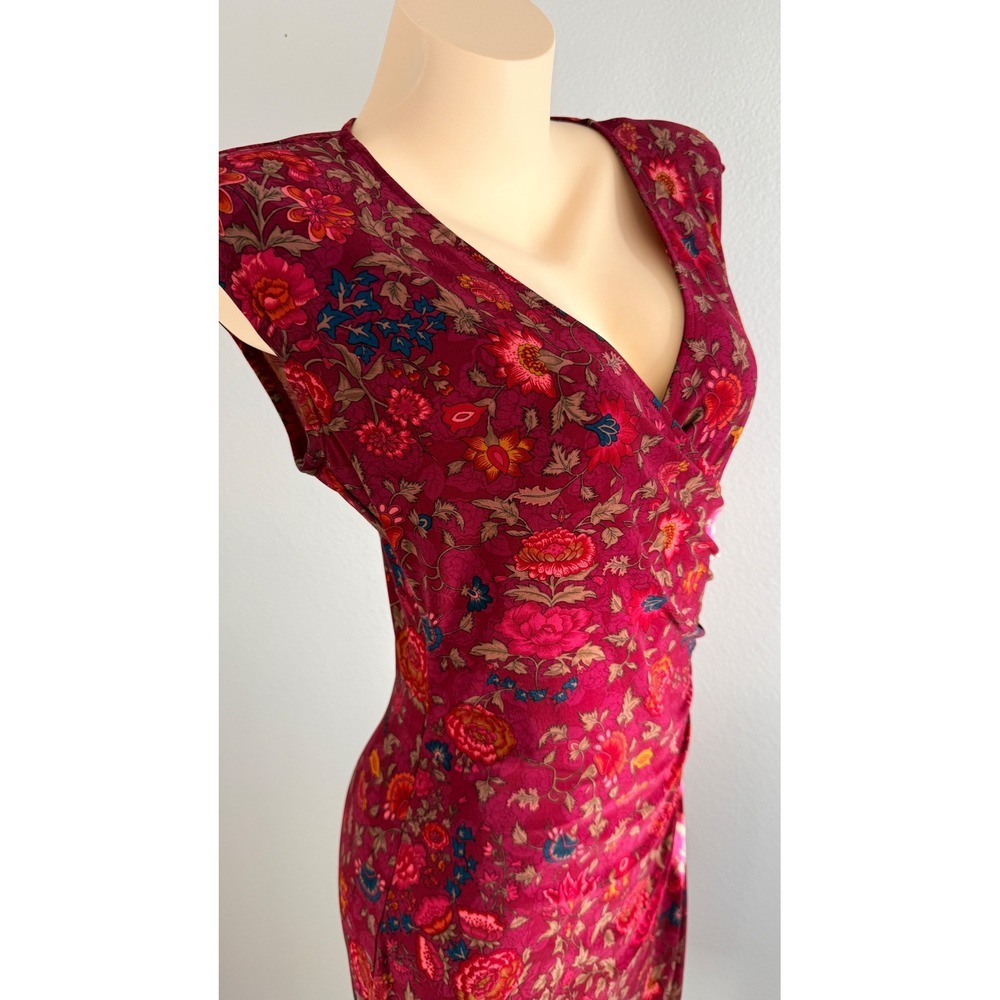 Lauren Ralph Lauren Burgundy Floral Ruched Faux Wrap Sheath Midi Dress Womens M - Picture 5 of 8